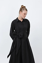 Kruvaze Kuşaklı Gömlek Yaka Keten Elbise